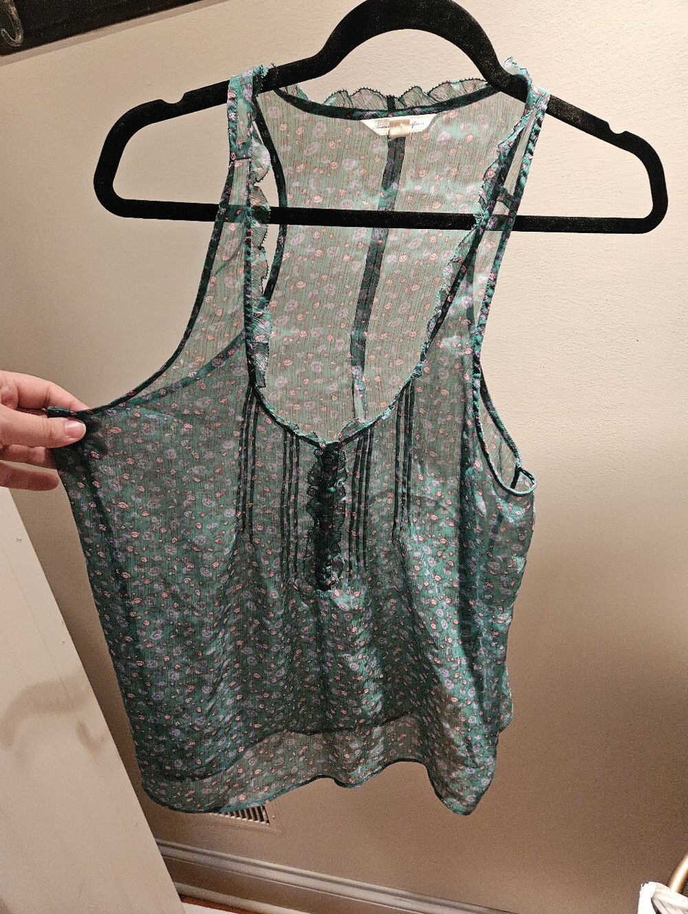 Y2K 2009 AEO Boho Hippie Teal Floral Sheer Tank